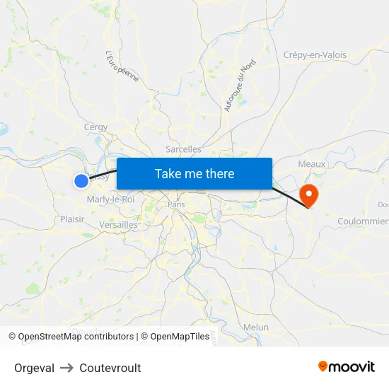 Orgeval to Coutevroult map