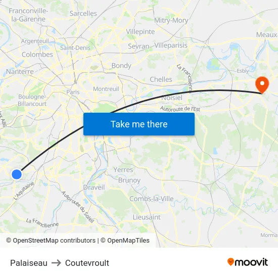 Palaiseau to Coutevroult map