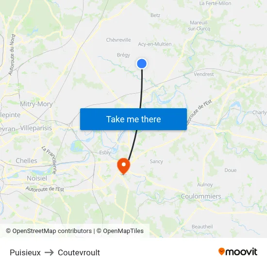 Puisieux to Coutevroult map
