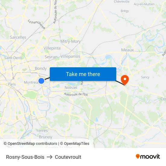 Rosny-Sous-Bois to Coutevroult map