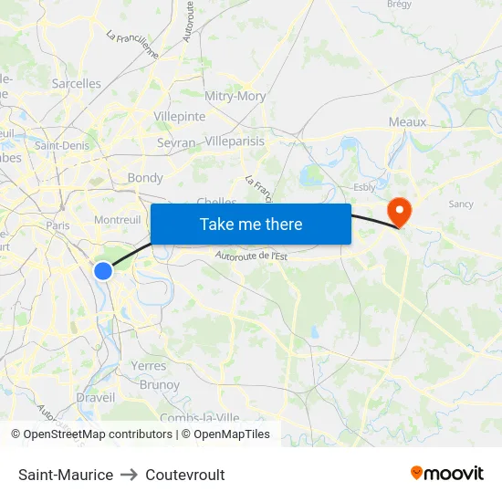 Saint-Maurice to Coutevroult map