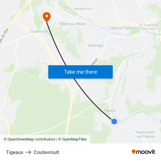 Tigeaux to Coutevroult map