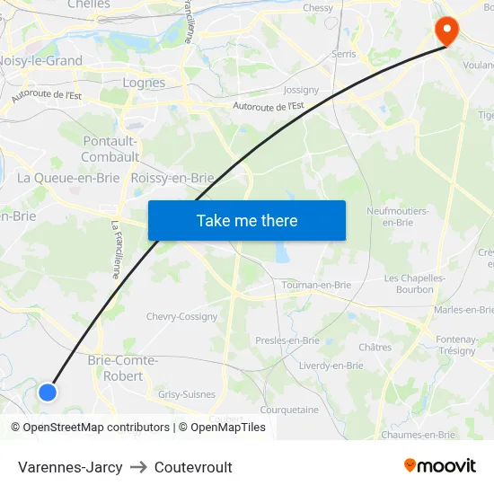 Varennes-Jarcy to Coutevroult map