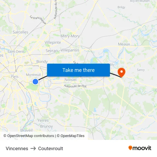 Vincennes to Coutevroult map