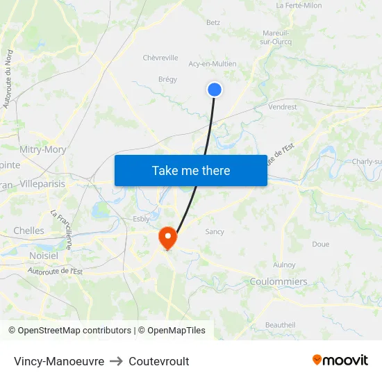 Vincy-Manoeuvre to Coutevroult map