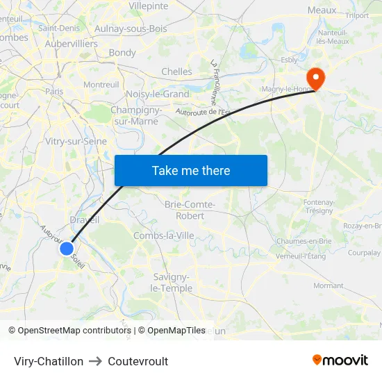 Viry-Chatillon to Coutevroult map