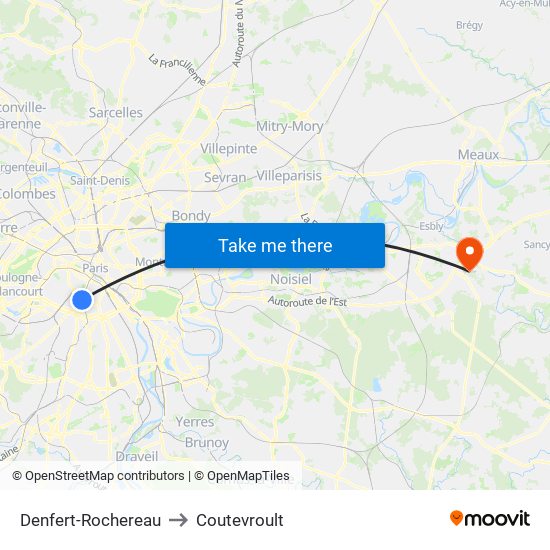 Denfert-Rochereau to Coutevroult map