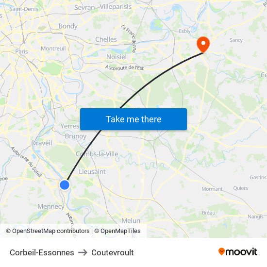 Corbeil-Essonnes to Coutevroult map