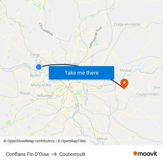 Conflans Fin D'Oise to Coutevroult map