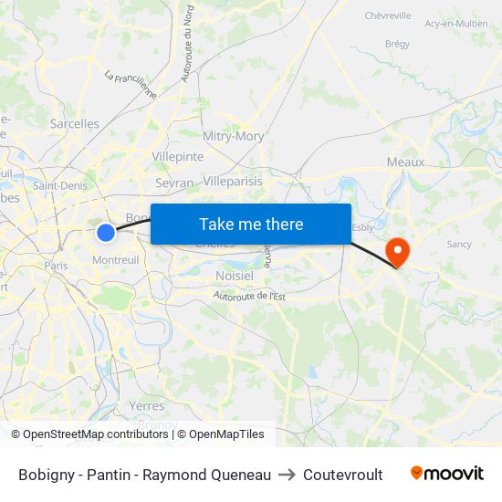 Bobigny - Pantin - Raymond Queneau to Coutevroult map