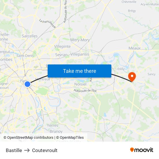 Bastille to Coutevroult map
