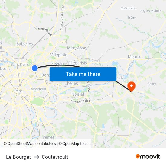 Le Bourget to Coutevroult map