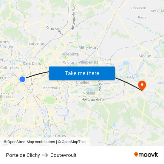 Porte de Clichy to Coutevroult map