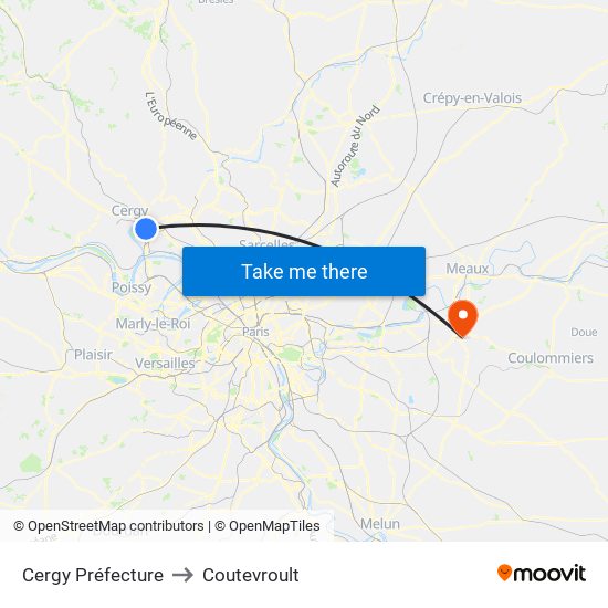 Cergy Préfecture to Coutevroult map