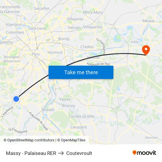 Massy - Palaiseau RER to Coutevroult map