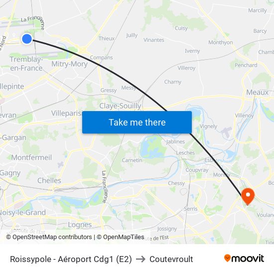 Roissypole - Aéroport Cdg1 (E2) to Coutevroult map