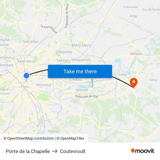 Porte de la Chapelle to Coutevroult map