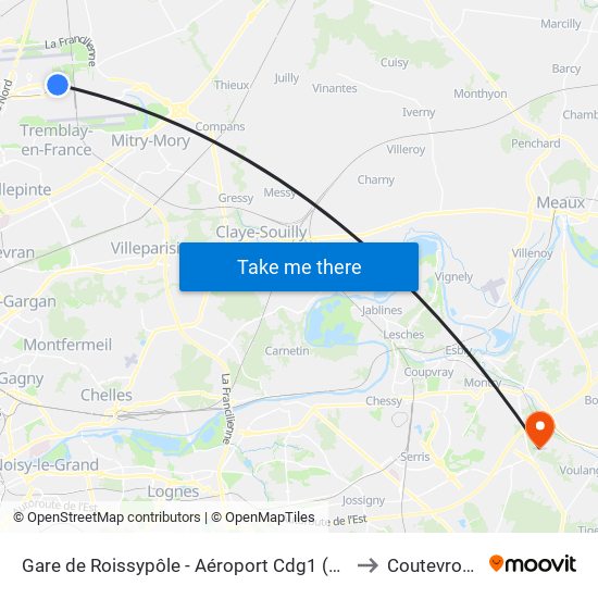 Roissypole - Aéroport Cdg1 (G1) to Coutevroult map