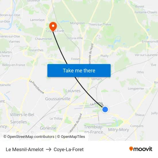 Le Mesnil-Amelot to Coye-La-Foret map