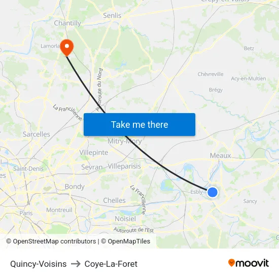 Quincy-Voisins to Coye-La-Foret map