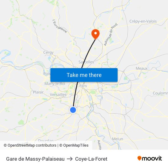 Gare de Massy-Palaiseau to Coye-La-Foret map