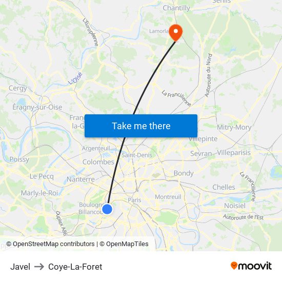 Javel to Coye-La-Foret map