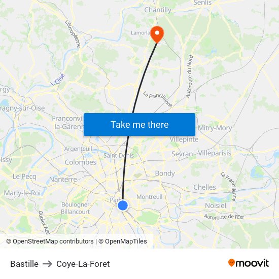 Bastille to Coye-La-Foret map