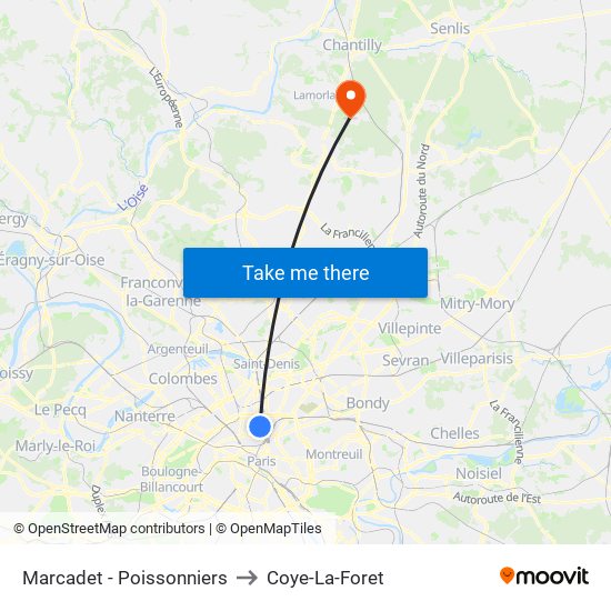 Marcadet - Poissonniers to Coye-La-Foret map