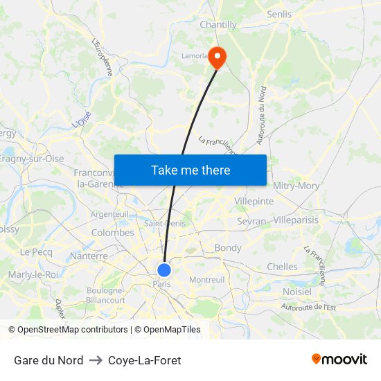 Gare du Nord to Coye-La-Foret map