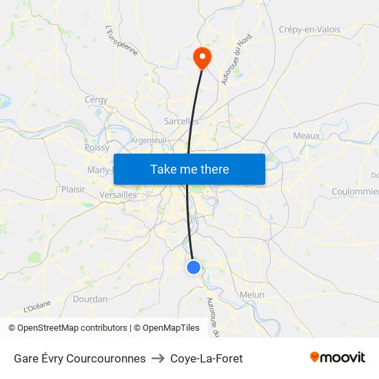 Gare Évry Courcouronnes to Coye-La-Foret map