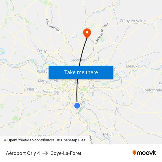 Aéroport Orly 4 to Coye-La-Foret map