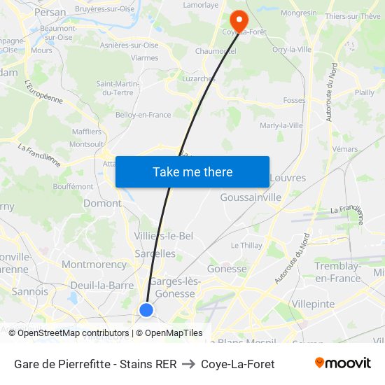 Gare de Pierrefitte - Stains RER to Coye-La-Foret map