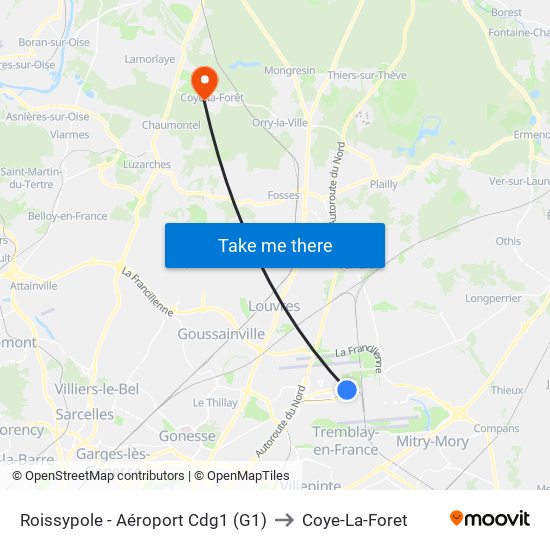 Roissypole - Aéroport Cdg1 (G1) to Coye-La-Foret map