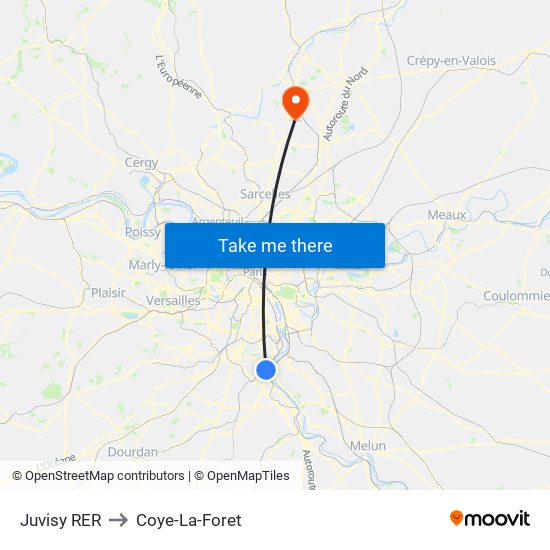 Juvisy RER to Coye-La-Foret map