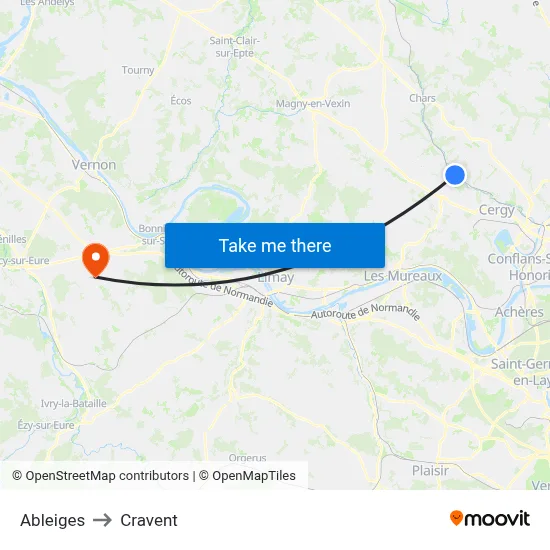 Ableiges to Cravent map