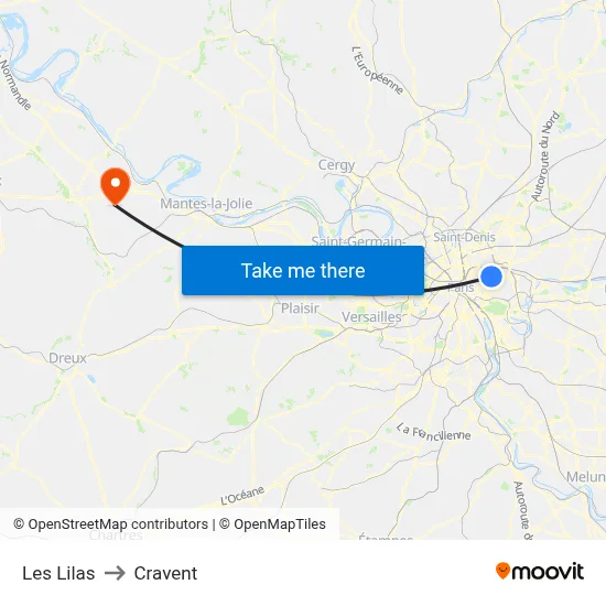 Les Lilas to Cravent map