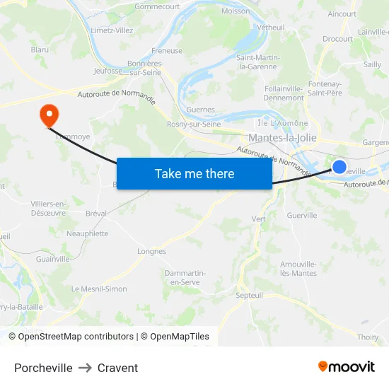 Porcheville to Cravent map