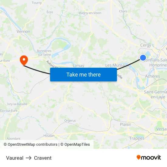 Vaureal to Cravent map