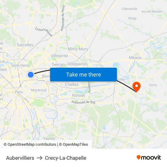 Aubervilliers to Crecy-La-Chapelle map