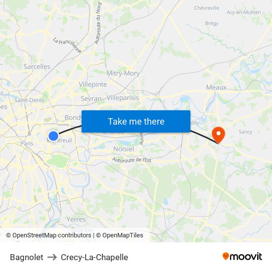 Bagnolet to Crecy-La-Chapelle map