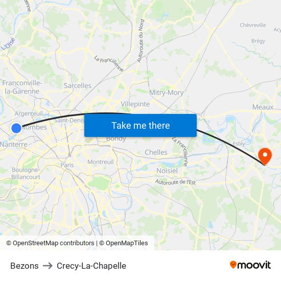 Bezons to Crecy-La-Chapelle map