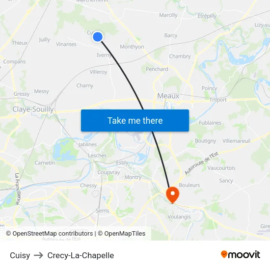 Cuisy to Crecy-La-Chapelle map