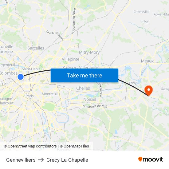 Gennevilliers to Crecy-La-Chapelle map