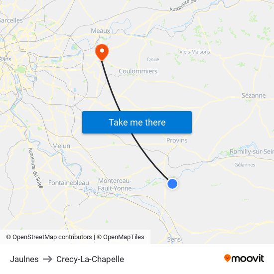 Jaulnes to Crecy-La-Chapelle map