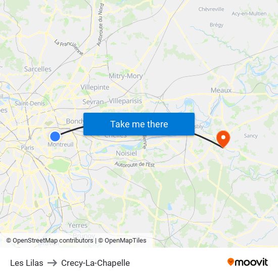 Les Lilas to Crecy-La-Chapelle map