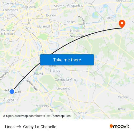 Linas to Crecy-La-Chapelle map
