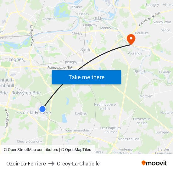Ozoir-La-Ferriere to Crecy-La-Chapelle map