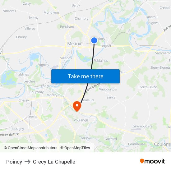 Poincy to Crecy-La-Chapelle map