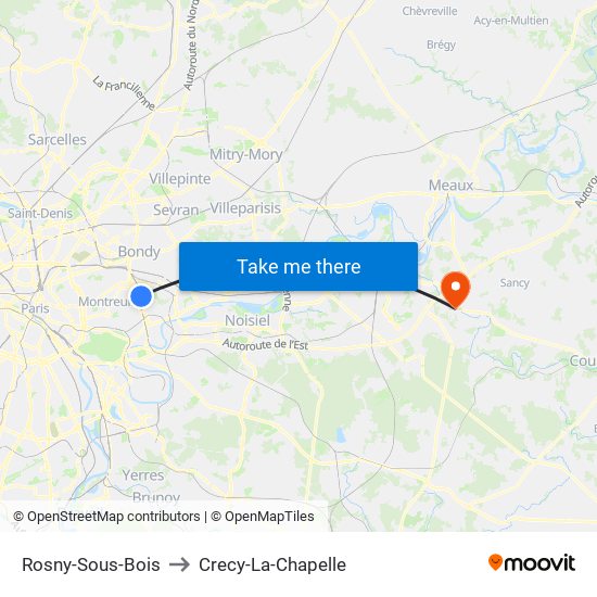 Rosny-Sous-Bois to Crecy-La-Chapelle map