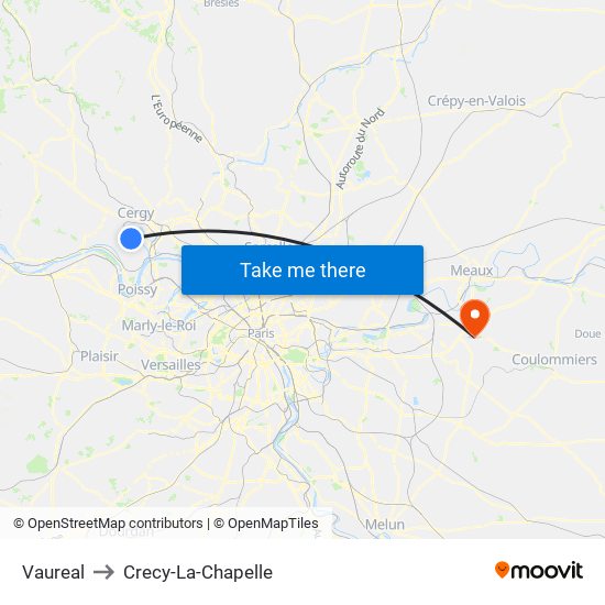 Vaureal to Crecy-La-Chapelle map